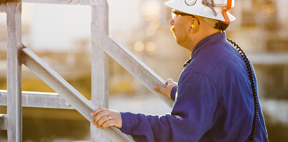 Kuraray America Worker Climbing Stairs at Sunset