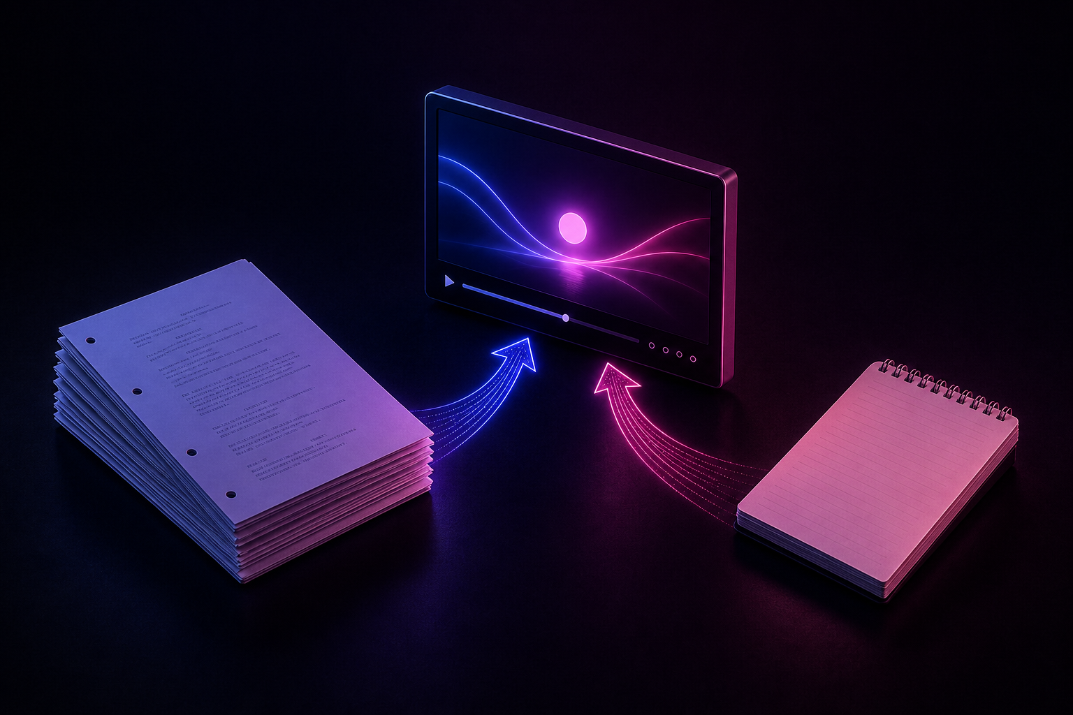 Script pages and an outline notepad on a desk, both feeding into a glowing video monitor, dark purple and pink lighting